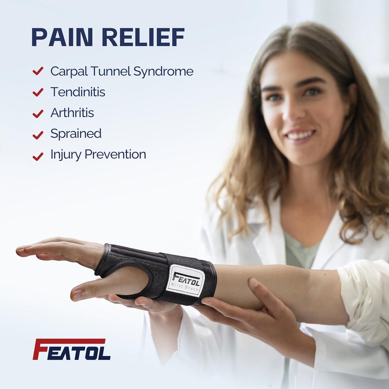 FEATOL 2 Pack Carpal Tunnel Wrist Brace For Work With Wrist Splint, 6.5'' Hand Brace Night Support For Women Men, Pain Relief For Tendonitis, Arthritis, Pregnancy, Typing, Right and Left Hand, Small - Image 4
